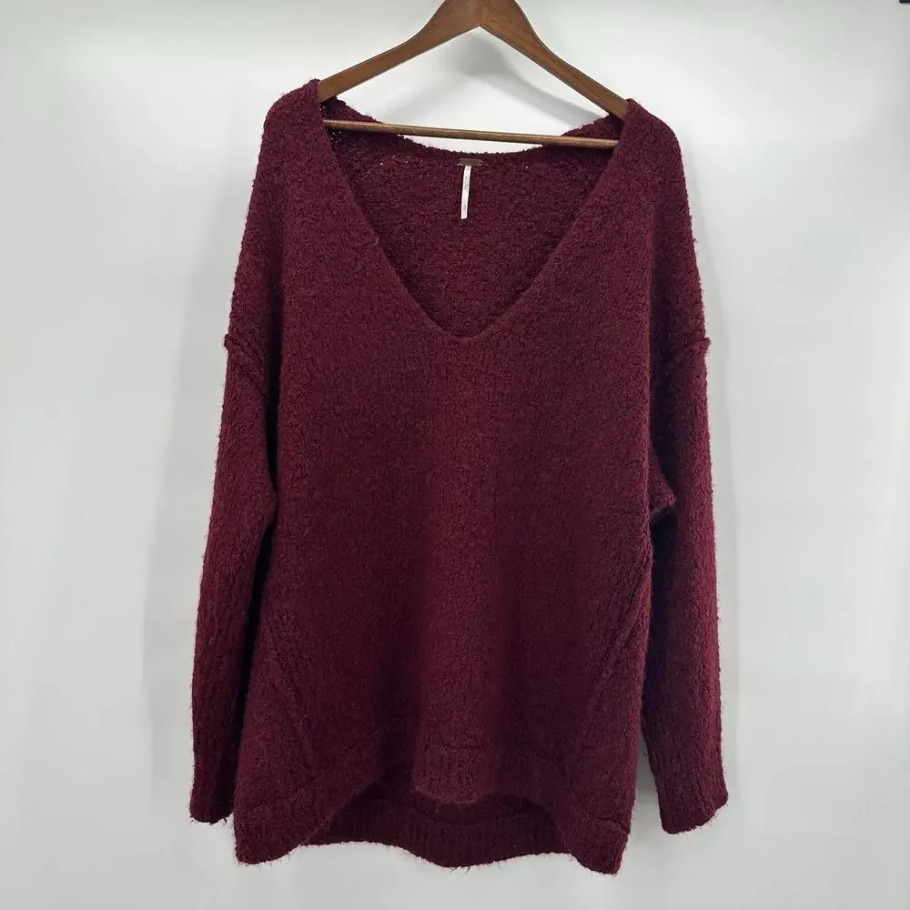 Free People‎ Sweater Womens Medium Purple Alpaca Wine Boucle Lofty Boxy Slouchy